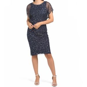 # Adrianna Papell Navy Embellished Flutter Sleeve Beaded Sequined Dress